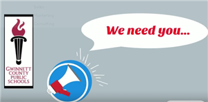 GCPS logo on a gray background; megaphone is announcing "we need you"